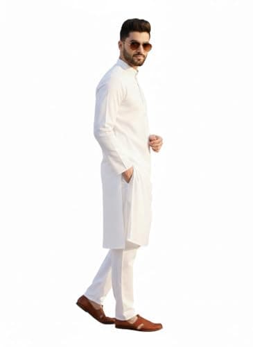 Aaryavar White Men's Khadie Cotton - Kurta Pyjama Set - Holi Festival Special (XL) 3