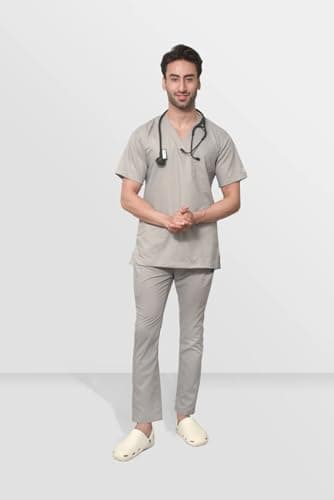 NextZ Men’s Medical Scrubs Set – Stretchable V-Neck Half Sleeve Hospital Scrub Suit Top & Bottom Uniform for Doctors & Healthcare Professionals (Grey, Large) HC1003M.10L 2