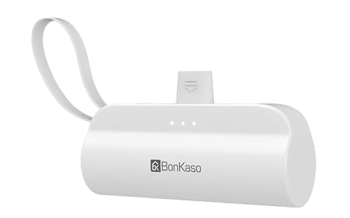 BonKaso 5000mAh Mini Power Bank 15W PD Fast Charging, Built-in Type-C & i5 Cable, USB-C Input/Output, LED Indicator, Mobile Stand, Compact Pocket Portable Charger for iPhone & Android – White