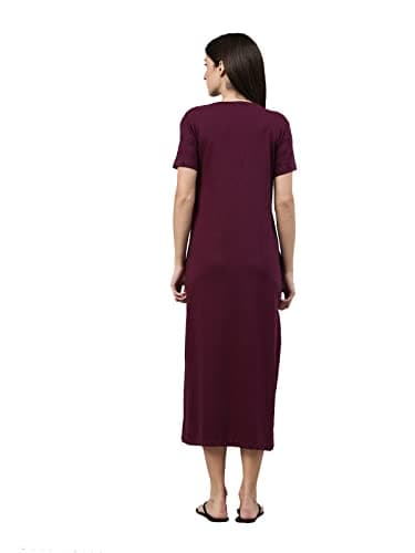 KRYPTIC Womens Burgundy Printed Pure Cotton Maxi Nightdress(Burgundy-L) 4