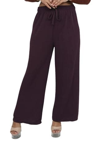Women’s Palazzo Pants – Ribbed Crinkle Knit Wide Leg Trousers with Elastic Waist, Side Pockets, Soft Stretch Fabric, Casual Office Lounge Everyday Wear Dark Maroon