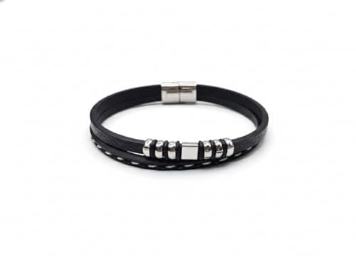 Men’s Stylish Black Leather Bracelet with Magnetic Clasp – Multi-Layer Design Casual Fashion Accessory for Men & Boys