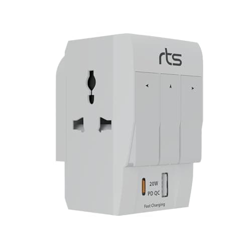 rts 3 Pin Multi Plug Socket-Worldwide Universal Travel Adapter with USB Ports & Type-C PD Individual Switch Safety Shutter LED Indicator-3 Way Plug Socket (5A-250V) Type D Plug for Home Office White