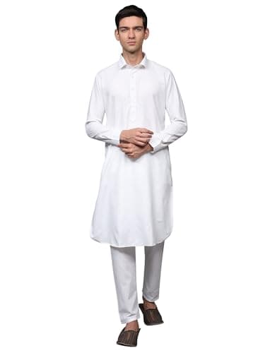 Exotic India Men's Pure Cotton Pathani Kurta Pajama Set with Side Pockets | Ethnic Wear Kurta Pant Combo Set for Wedding