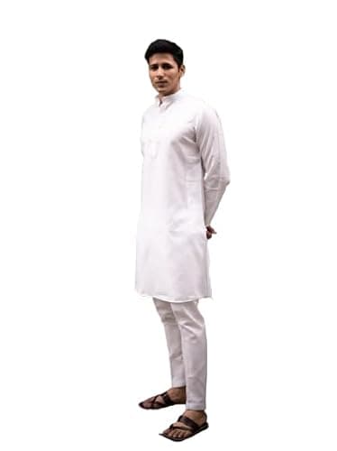 hitch India Men's White Kurta Pajama Set Traditional Indian Ethnic Wear Full Sleeves Mandarin Collar (in, Alpha, L, Standard, White)