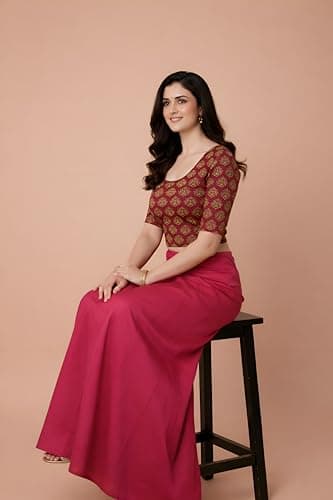 Amazon Brand - Anarva Women's Kalamkari Print Cotton Stretchable Round Neck Readymade Saree Blouse (Kalamkari-Blouse-Classic-Butta-XL) 5