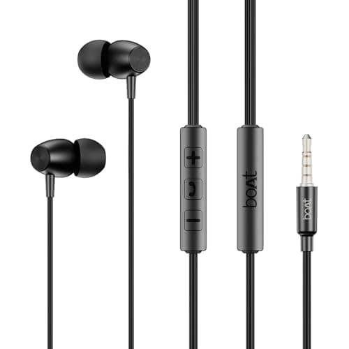 boAt Bassheads 55 Wired Earphones with 10mm Drivers, Metallic Buds, in-Line Mic & Lightweight Design (Black)
