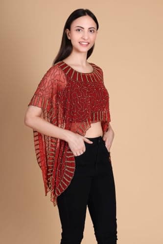 Women's Red Sheer Net Embellished Cape Top/Poncho Shrug | Ethnic Blouse Overlay for Lehengas Sarees Dresses. 4