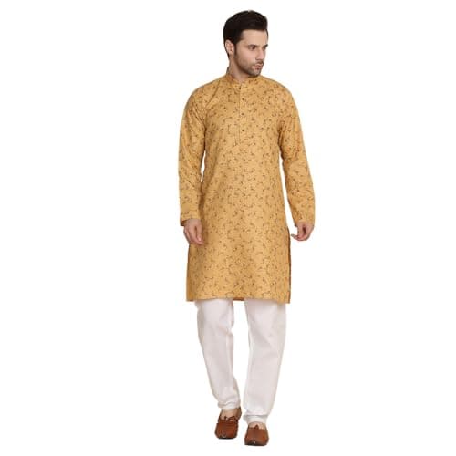 KRAFT INDIA Men's Cotton Printed Stylish Ethnic Wear Kurta Pyjama Set (Color-Fawn, Size-44)