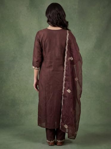 Women's Beautiful Heavy Cotton Blend mbroidered Salwar Suit For Women Readymade Salwar Suit Set Semi-Stitched Top and Duppata For Any Occasion (IN, Alpha, XL, Regular, Womens, Coffee) 2