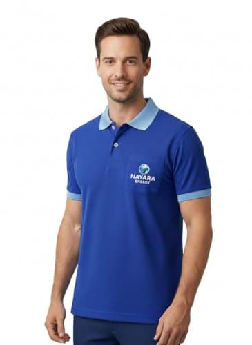 Nayara Energy Men's Polo T-Shirt, Royal Blue with Light Blue Collar and Sleeve Trim, Short Sleeve with Chest Pocket (in, Alpha, M, Regular)