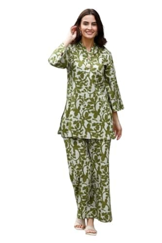 Aaryavar Women’s Cotton Co-Ord Set | Stylish 2-Piece Top & Pant Set | Casual & Comfortable Wear (Olive Green, L)