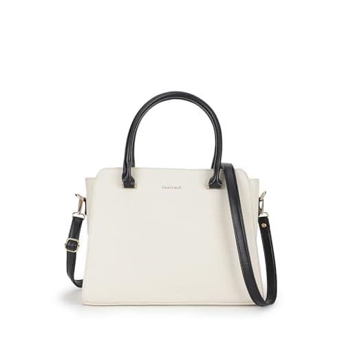 Fastrack PebbleEdge White Satchel | Faux-Leather Women’s Handbag | Structured Satchel with Triple Compartments & Gold Accents