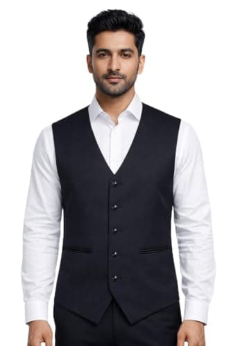 Same Fit Men’s Formal Waistcoat | Sleeveless V-Neck Button Down Suit Vest for Men | Black Waist Coat for Wedding, Office, Business & Casual Wear (Standard, Black, 44)