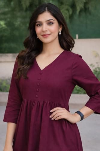 ISTOCAN Women's Long Flared V-Neck with Button Details Anarkali shape, Empire Waist,Kurta Pant Set | Casual Outfit For Office Wear | three-quarter sleeves (WINE, 3XL) 3