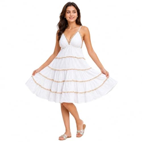 UniquePushkar Women's Four-Tier Frill Boho Short Dress | Sleeveless Deep V-Neck Cotton Blend Summer Dress | Layered Ruffle Mini Dress for Beach, Vacation, Casual & Resort Wear White