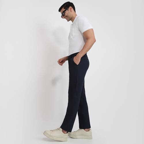 Colorplus Men's Regular Fit Printed Trousers, Cotton Spandex Taco Print, Flat Front, Piece Dyed, Smart Casual & Office Wear | Dark Blue 5