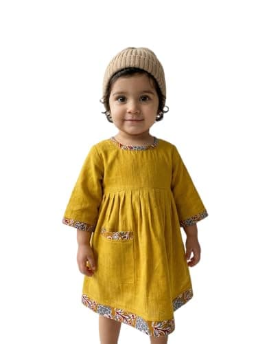 KOSHMOSH Pure Soft Cotton Frock for Baby Girl 3/4 Bell Sleeves Dress with Single Pocket Stylish Knee Length Casual Dress for Girls with Astar/Lining-4-5 Years Mustard