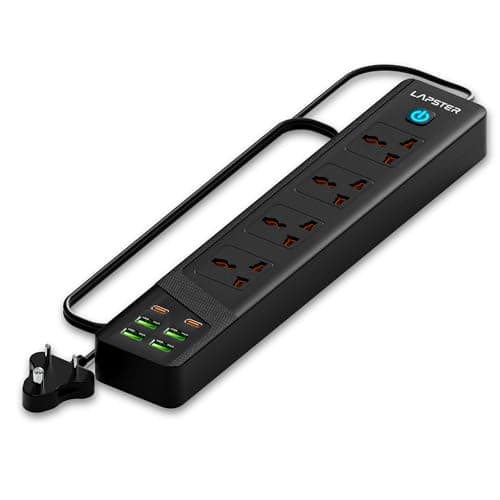 Lapster Xtension MAX with 4 USB Port + 2 Ports Type-C PD + 4 Power Sockets Extension Board, 2500W Power Converter, Cord Length 2Mtr (Black)