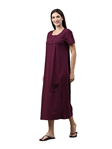 KRYPTIC Womens Burgundy Printed Pure Cotton Maxi Nightdress(Burgundy-L) 3