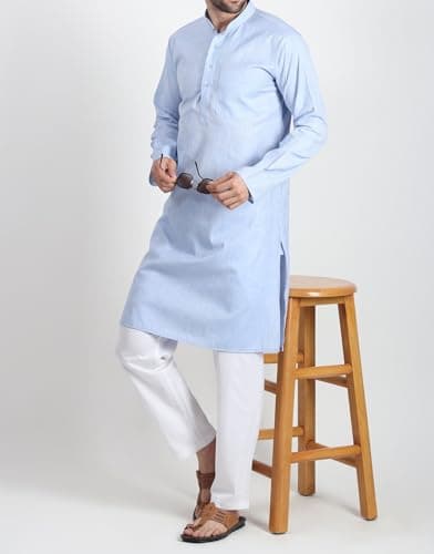 DasteKarigar Men's Cotton Kurta Pyjama Set, Kurta Pajama for Men, Light Green and White, Traditional Indian Ethnic Wear (Blue White, 42) 4