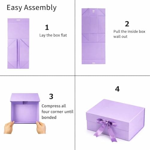 1 Piece Purple Magnetic Gift Box with Ribbon for Birthday & Wedding Hamper, Collapsible Premium Gift Box for Return Gifts & Packaging (25 x 20 x 10 cm) (PURPLE) 4