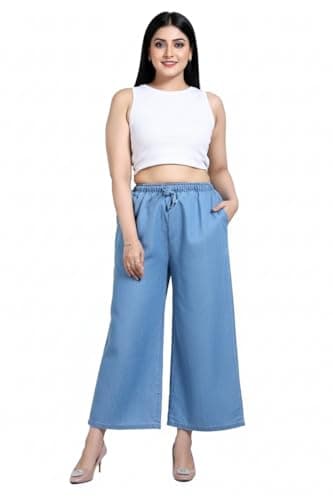 Shirpav Women's Denim Cotton Palazzo Pants, Light Blue | Regular Fit Palazzo Pant | Mid Rise | Size: S to 6XL (in, Alpha, 3XL) 5