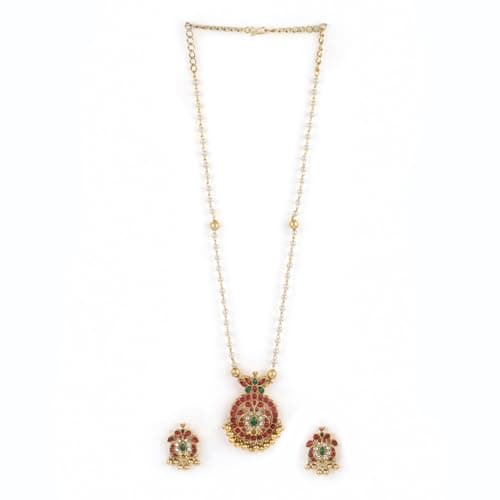 Rubans Gold-Plated Handcrafted Artificial Jewelry Set with Ruby, White Emerald Studs & Gold-White Beads with Earrings For Women and Girls – Perfect for Weddings and Special Occasions