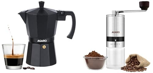 AGARO Elite Brewing Pro | Manual Grinder + Moka Pot (240ml) | Stainless Steel | Italian Design | for Coffee Enthusiasts | Black/Silver | Food-Grade