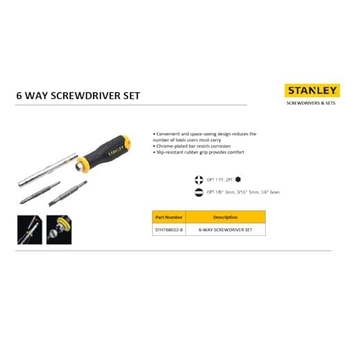 STANLEY STHT68012-8 6-Way Quick Change Screwdriver, Chrome-Plated Bar Resists Corrosion, Slip-Resistant Rubber Grip, Used for Fastening Nuts & Bolts in Machines, Cars & Automobiles 5