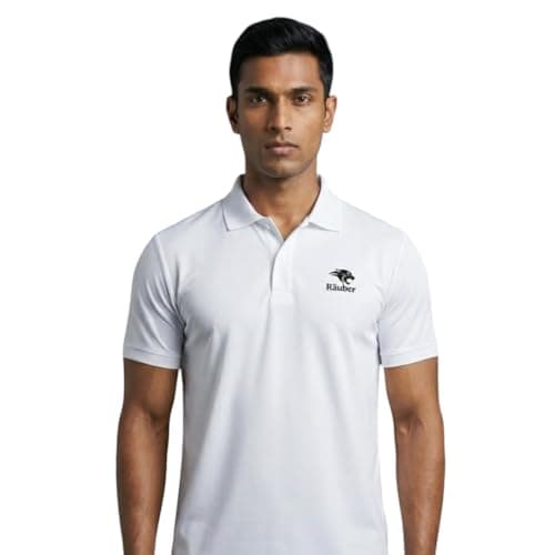 Räuber Men’s Polo Neck T-Shirt | Half Sleeve Solid Polo Tee | Comfortable Casual, Office & Sports Wear (in, Alpha, XL, Regular, Standard, White)