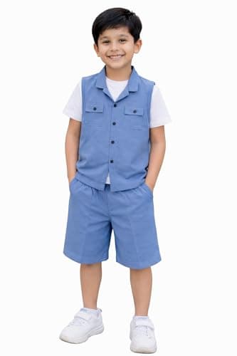 3BROS Kids Cotton Shirt Shorts Set for Boys Kids Clothing/Boys Clothing Set (Party/Festive) Wear (Blue, 2-3 Years)