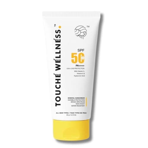Touché Wellness SPF 50 PA+++ Mineral Sunscreen | Water Resistant Upto 8 hours | Chemical filter free | Non-greasy | Lightweight | No White Cast | Broad spectrum | For All Skin Types| With Vitamin C, E
