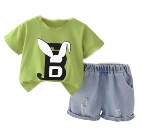 Indhrani Garments Kids Clothes for Boys | Cotton Printed T-shirt and Denim Shorts| Boys Cord Set, Green 3-6 month