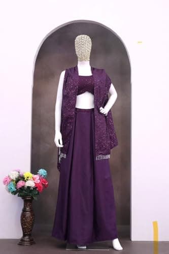 Fashion Since Women's And Girls Indowestern three piece set with embroidery Crep Silk Fabric Dhoti Blouse Shrug Traditional Indian Ethnic Wear, Wedding Festive Occasion 4