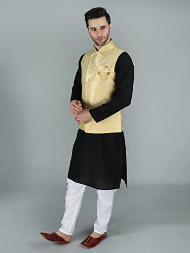 Exotic India Assymetric Jacquard silk modi Jacket waist coat with gold Enamel buttons 3