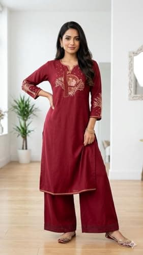 Women's Cotton A-Line Printed Co-Ord Set with Palazzo | Kurta Set for Women | A-Line Kurti Co-Ord Set | Printed Kurti Palazzo | Women Kurta Set (IN, Alpha, L, Regular, Wome, maroon) 4