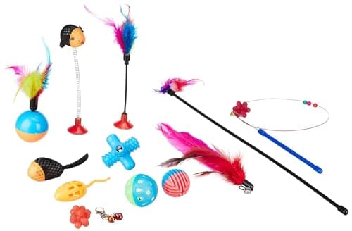 Amazon Basics Cat Toy Set | 13 Interactive Toys | Spring Mouse | Feather Stick | Fishing Rod | Rattling Bells | Playing Balls | Feather Balls | for Kittens & Cats (Multicolour)