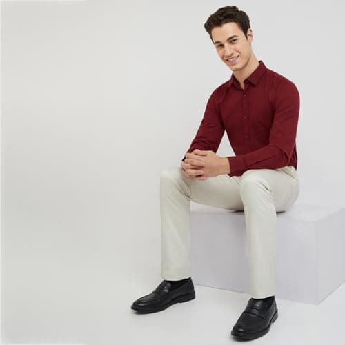 Raymond Men Slim Fit Solid Pattern Linen Cotton Blend Regular Collar | Full Sleeve Casual Shirt | Dark Red 5