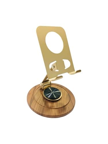 Upix Mobile Phone Holder Stand – Adjustable Metal Phone Dock with Wooden Look Base – Sleek Gold Design – Stable & Stylish Desk Stand for All Smartphones – Office, Home Use 2