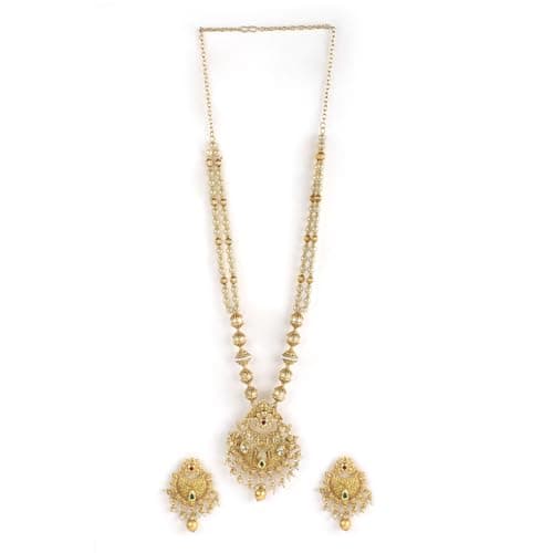 Rubans 24K Gold-Plated Pearl Beaded Temple Necklace Set with Kundan, Ruby &Emerald Accents for Womens & Girls
