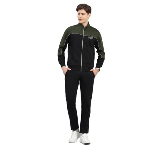 Monte Carlo Men's Regular Fit Self Design Stand Collar Full Sleeve Tracksuit| Men Track Suit | Stylish Sportswear Set with Jacket and Lower | Activewear Set For Men's Black L