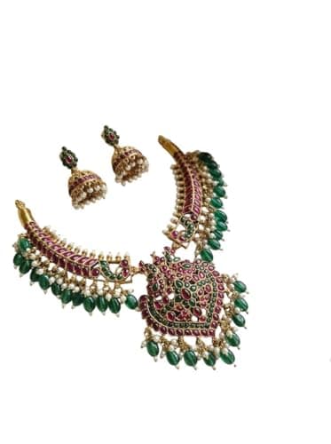 TEMU INDIA Women’s Gold-Plated Kundan Choker Necklace Set – Red & Green Bridal Wedding Jewellery with Green Beads & Jhumka Earrings