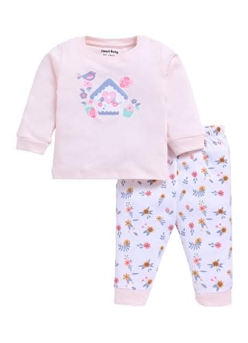 Smart Baby Cotton Pajama Set – Infant Nightwear with Long Sleeve Top & Pants | Baby Sleepwear Outfit with Birdhouse Floral Print | 100% Cotton Kids Clothes for Girls (Pink, 6 Months)