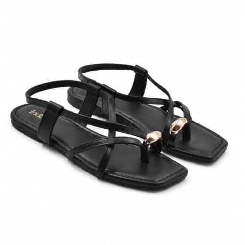 Indifeet Women Toe Ring Flat Sandals, Ankle Strap Slingbacks, Black, UK 6