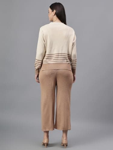 Cantabil Stripe Beige Spread Collar Long Sleeves Regular Fit Women Casual Co-ord Set Ladies Co-ord Set for Winter Wear (LCOR000014_Ivory_L) 3