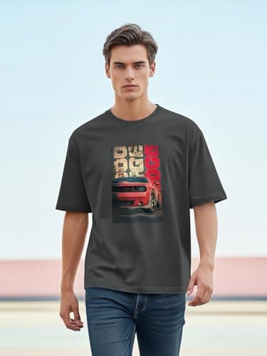BULLMER Printed T Shirts for Men | Round Neck Cotton Mens Tees | Oversized Drop Shoulder T-Shirt for Man | Stylish Casual Tshirt for Men_Grey_Large 3