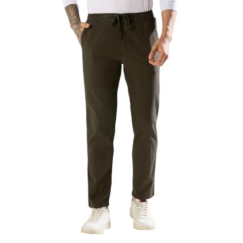 TRUE COLORS OF INDIA TCI Men's Travel Pants Casual Pant – Linen Cotton Lycra Joggers/Trousers with Elastic Waistband & Drawstring, Button & Zip Closure, 4 Pockets, Lightweight Bottomwear Green