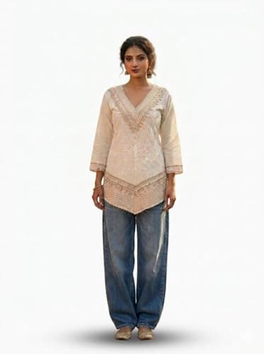 Women's Indo Western Kurta, Cream, Embroidered, V-Neck, 3/4 Sleeves, Ethnic Fusion Style (in, Alpha, L) 2