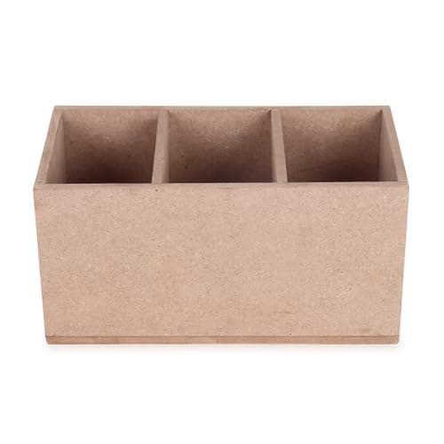Desktop Organiser with 3 Compartments, Natural Brown, MDF Wood Storage Caddy for Office Supplies
